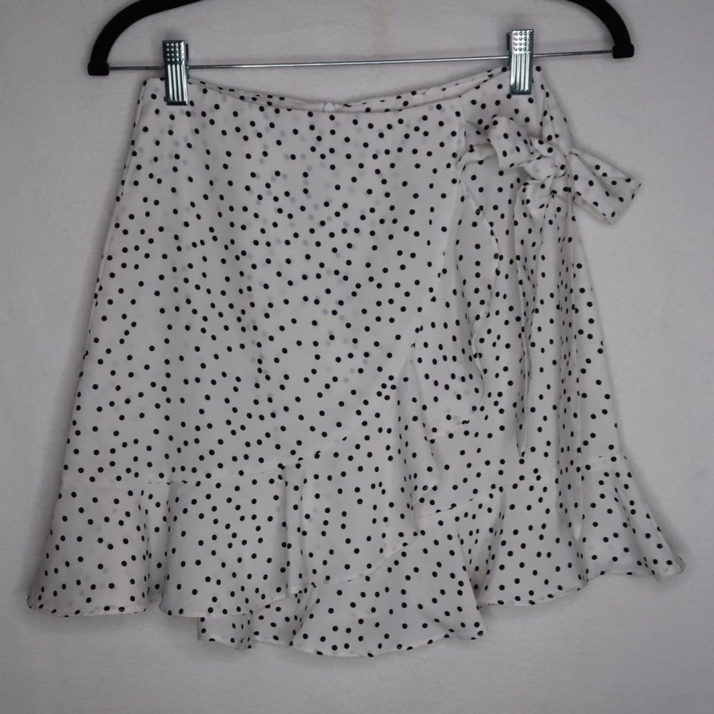 Princess Polly Kiana Womens 2 White Black Polka Dot Wrap Ruffle Mini Skirt Y2K